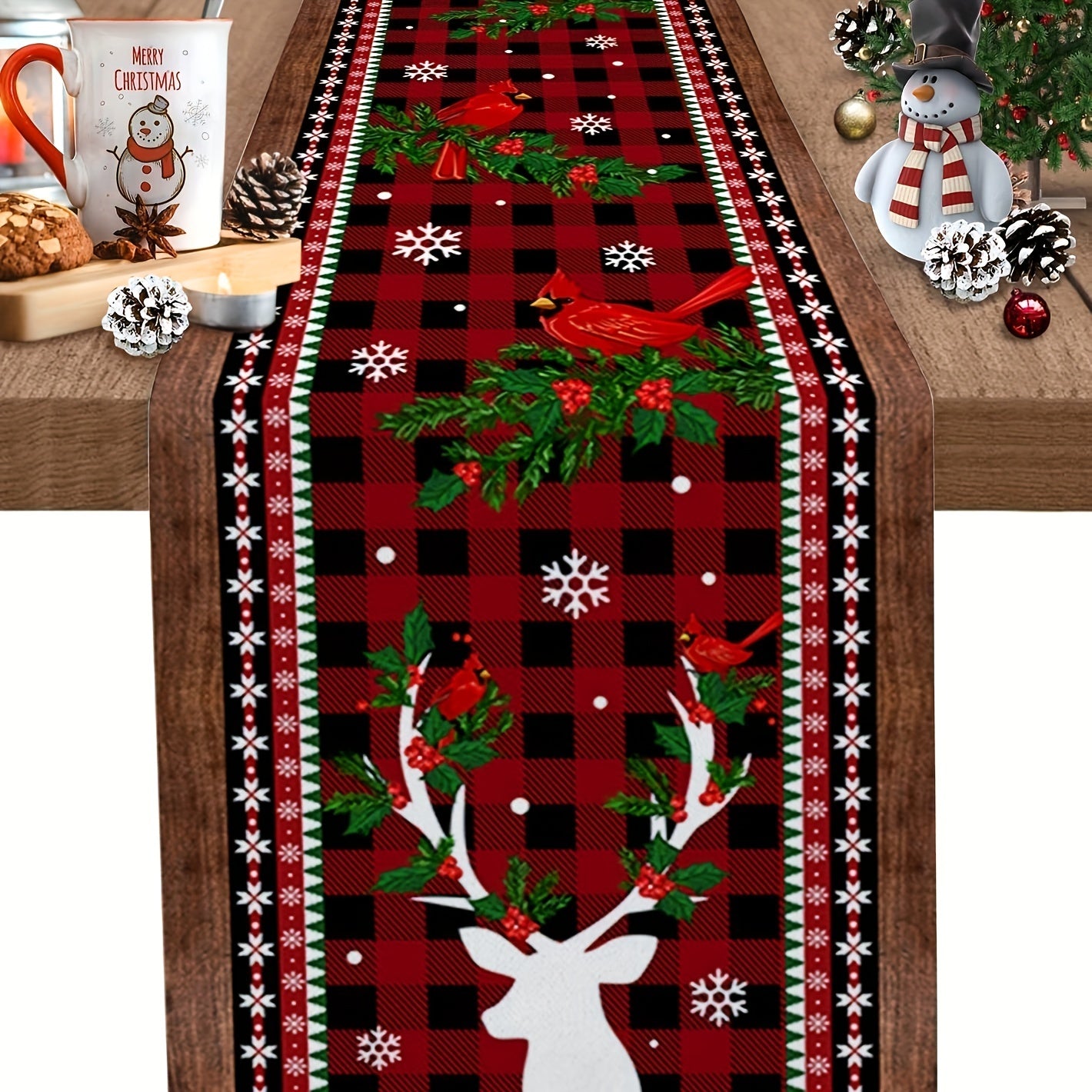Red Checkered Christmas Table Runner Linen Winter Holiday Farmhouse Style Dining