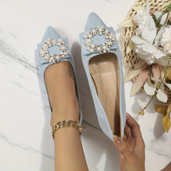 Women's Pointed Toe Ballet Flats with Faux Pearl & Rhinestone Decor