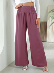 Smocked Waist Wide Leg Pants Solid Elastic Long Length