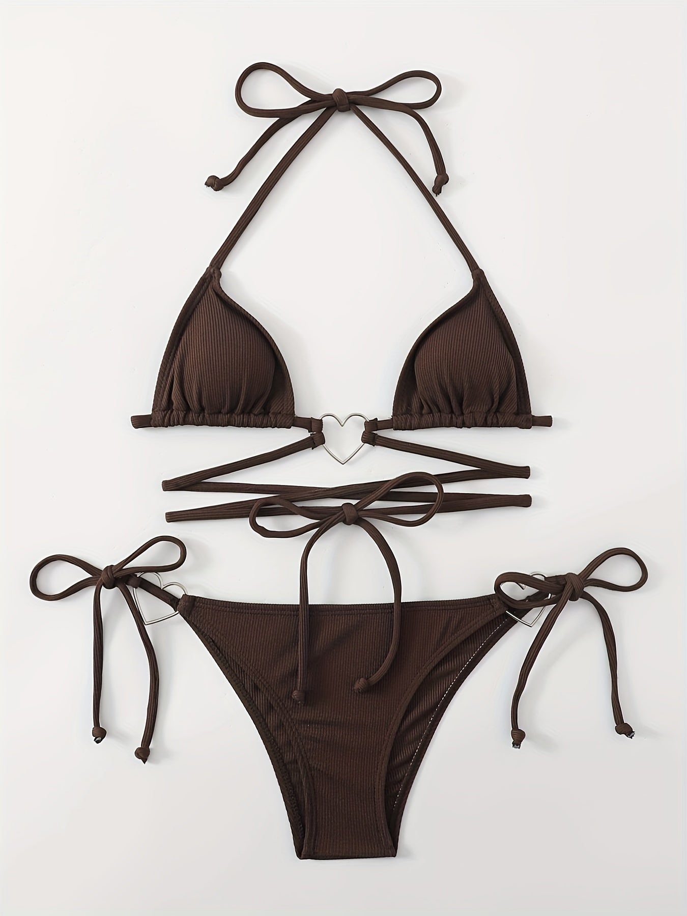 Heart Linked Halter Neck Rib Knit Bikini Set