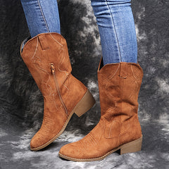 Embroidered Mid Calf Western Boots Block Heel Zipper Round Toe Shoes