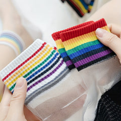 6 Pairs Rainbow Striped Crew Socks for Women