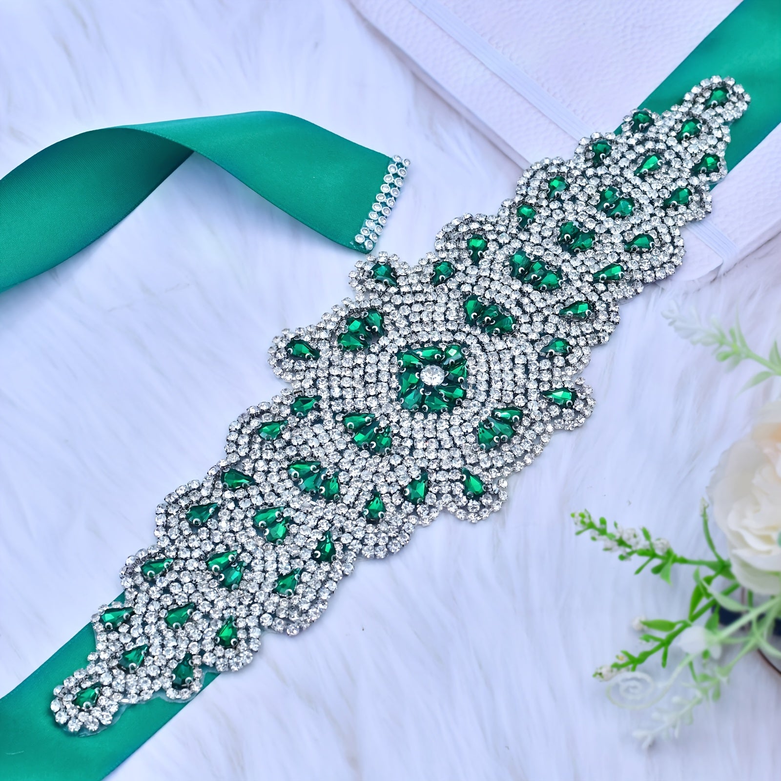 Green Rhinestone Bridal Sash Vintage Baroque Style Women's Dress Jewelry