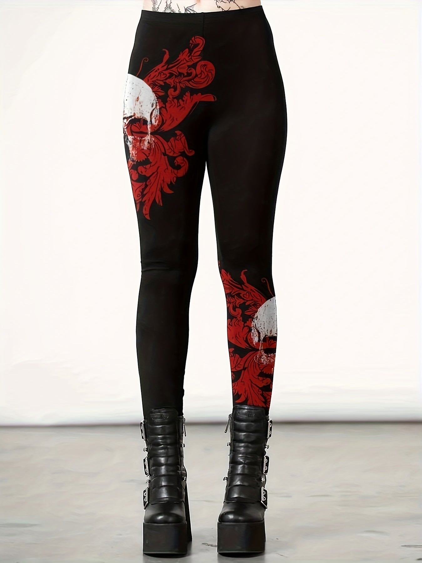 Skull & Floral Print Plus Size Leggings