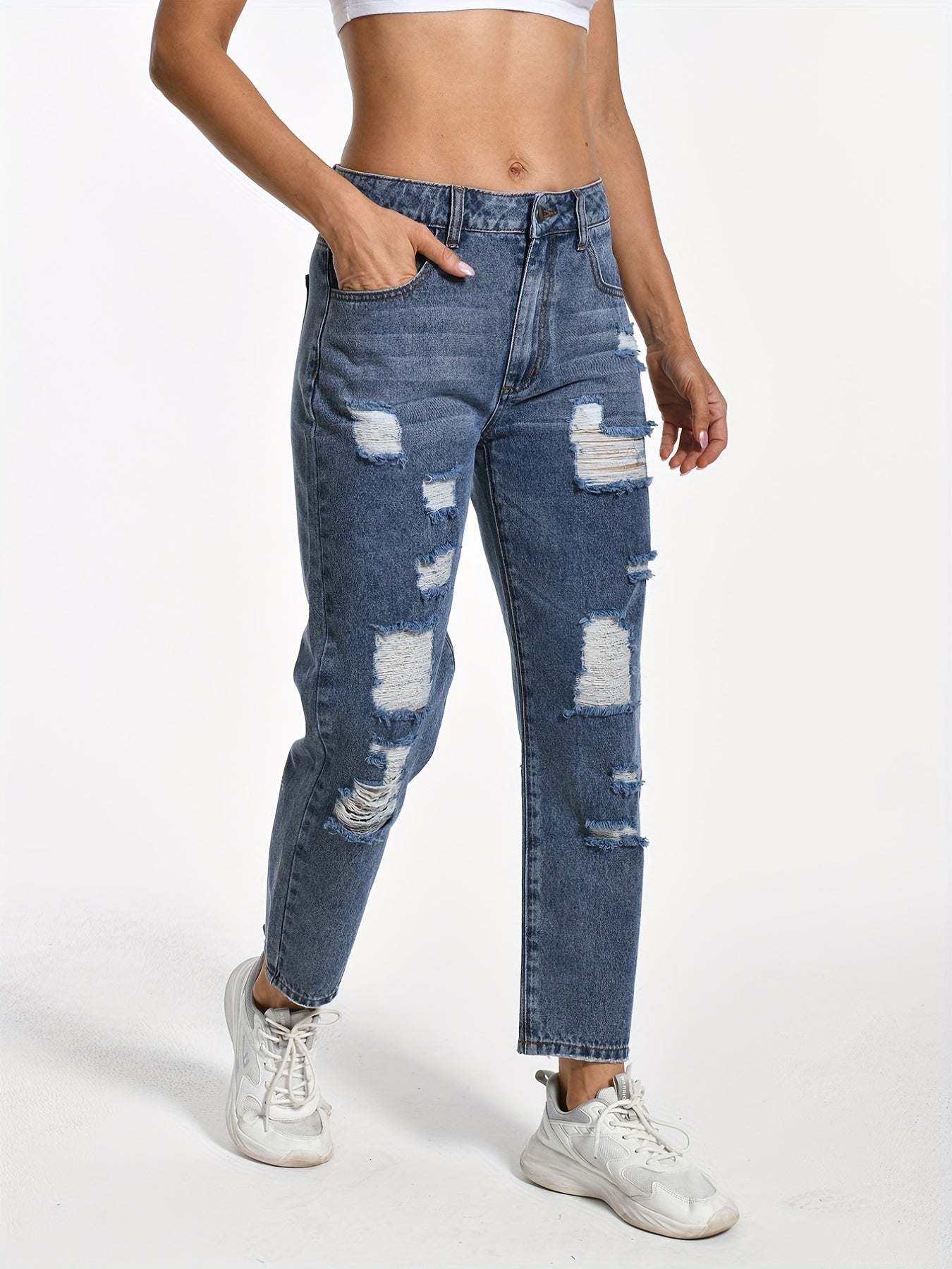 Ripped Distresses Straight Leg Jeans Slash Pocket Street Style Denim Pants