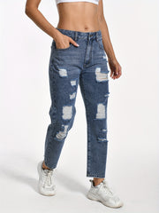 Ripped Distresses Straight Leg Jeans Slash Pocket Street Style Denim Pants