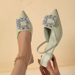 Women's Rhinestone Buckle Point Toe Slingback Cone Heel Shoes