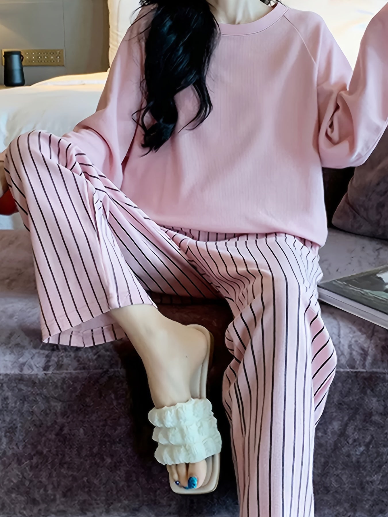 Striped Print Pajama Set Long Sleeve & Pants Women's Sleepwear