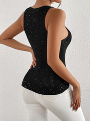 Chain Detail Ribbed Knit Top Sleeveless Crew Neck Casual Top