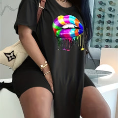 Lips Print Two Piece Set Short Sleeve T Shirt & Shorts Casual Outfit