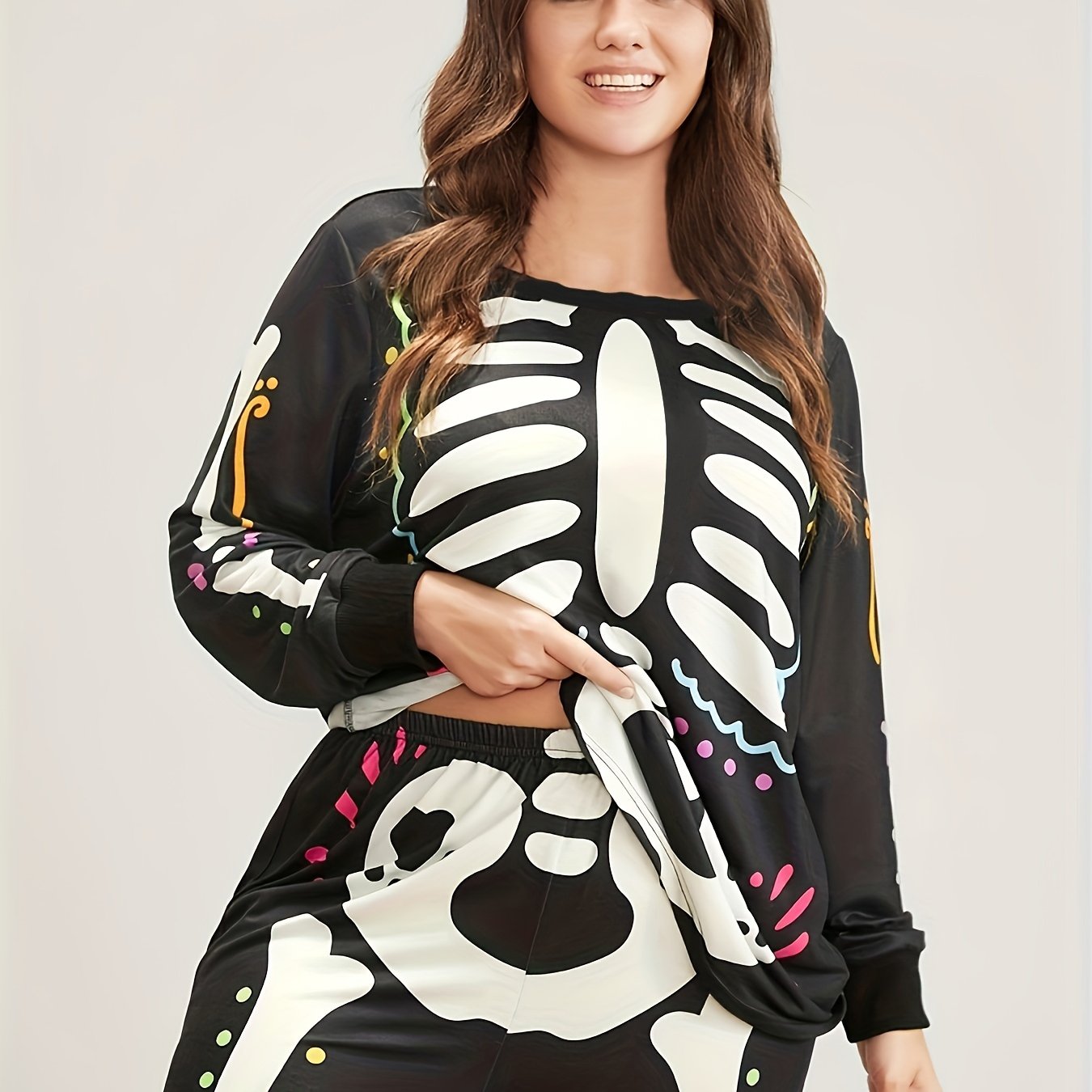 Skeleton Print Long Sleeve Top & Pants Pajama Set