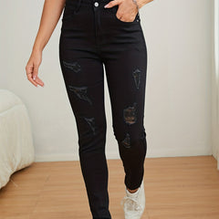 High Rise Ripped Skinny Jeans Solid Denim Pants