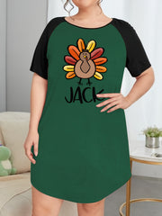 Casual Turkey & Letter Print Raglan Sleeve Tee Sleep Dress