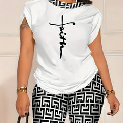Letter Print Tee & Full Printed Shorts Set Women's Outfit