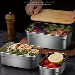 Square Lunch Box Bamboo Lid Bento Stainless Steel Crisper Travel Food Containers