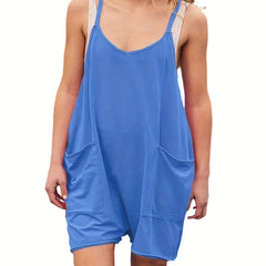 Solid V Neck Cami Romper With Pockets