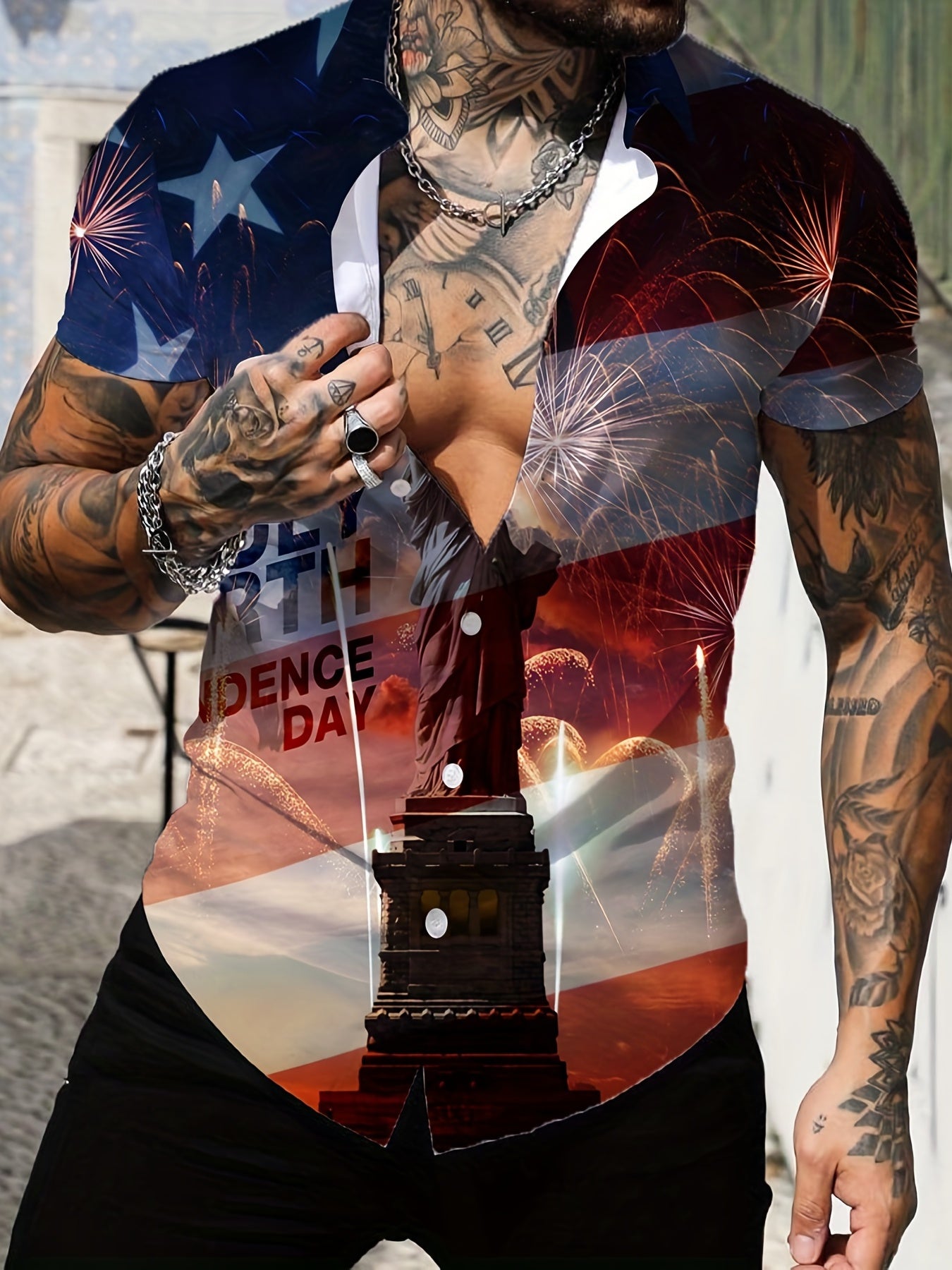 Independence Flag Print Men's Casual Short Sleeve Shirt
