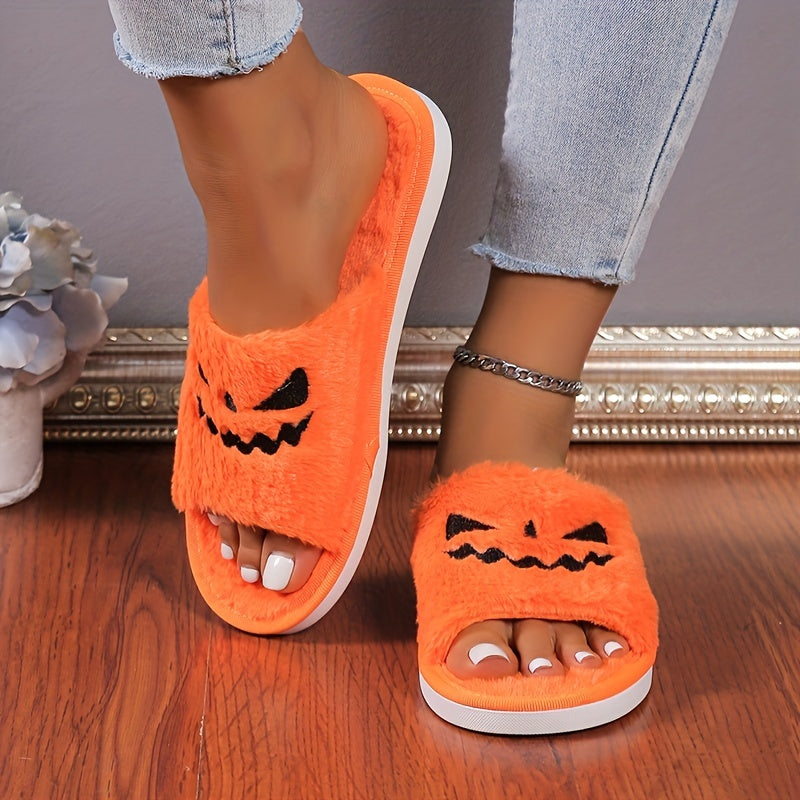 Women's Halloween Pumpkin Lantern Plush Lined Slippers