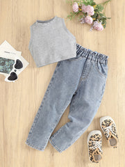 Girls Casual Elastic Waist Jeans Sleeveless Top Set