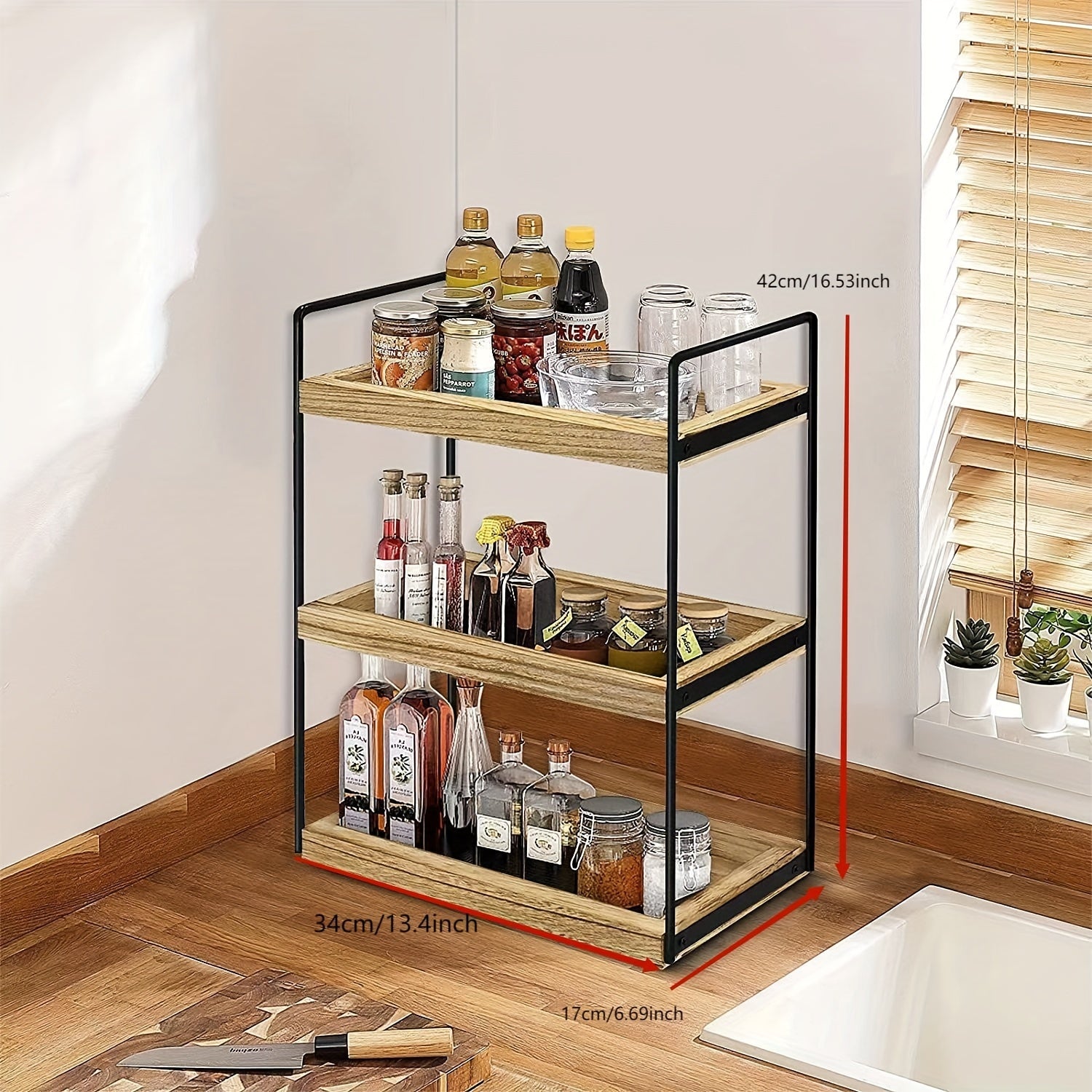 3 Tier Wooden Storage Rack Bathroom Kitchen Toiletries Flower Seasoning Shelf