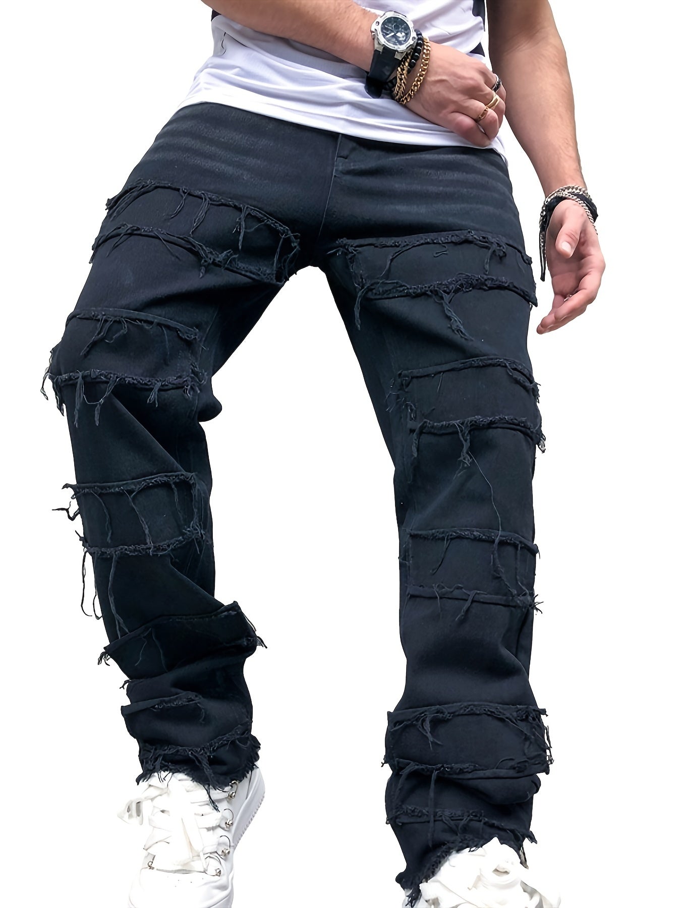 Vintage Raw Trim Loose Fit Jeans Men's Casual Street Style Mid Stretch Denim Pan