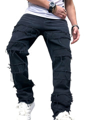 Vintage Raw Trim Loose Fit Jeans Men's Casual Street Style Mid Stretch Denim Pan