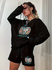 Women's Plus Pumpkin Sweatshirt & Shorts Halloween Set