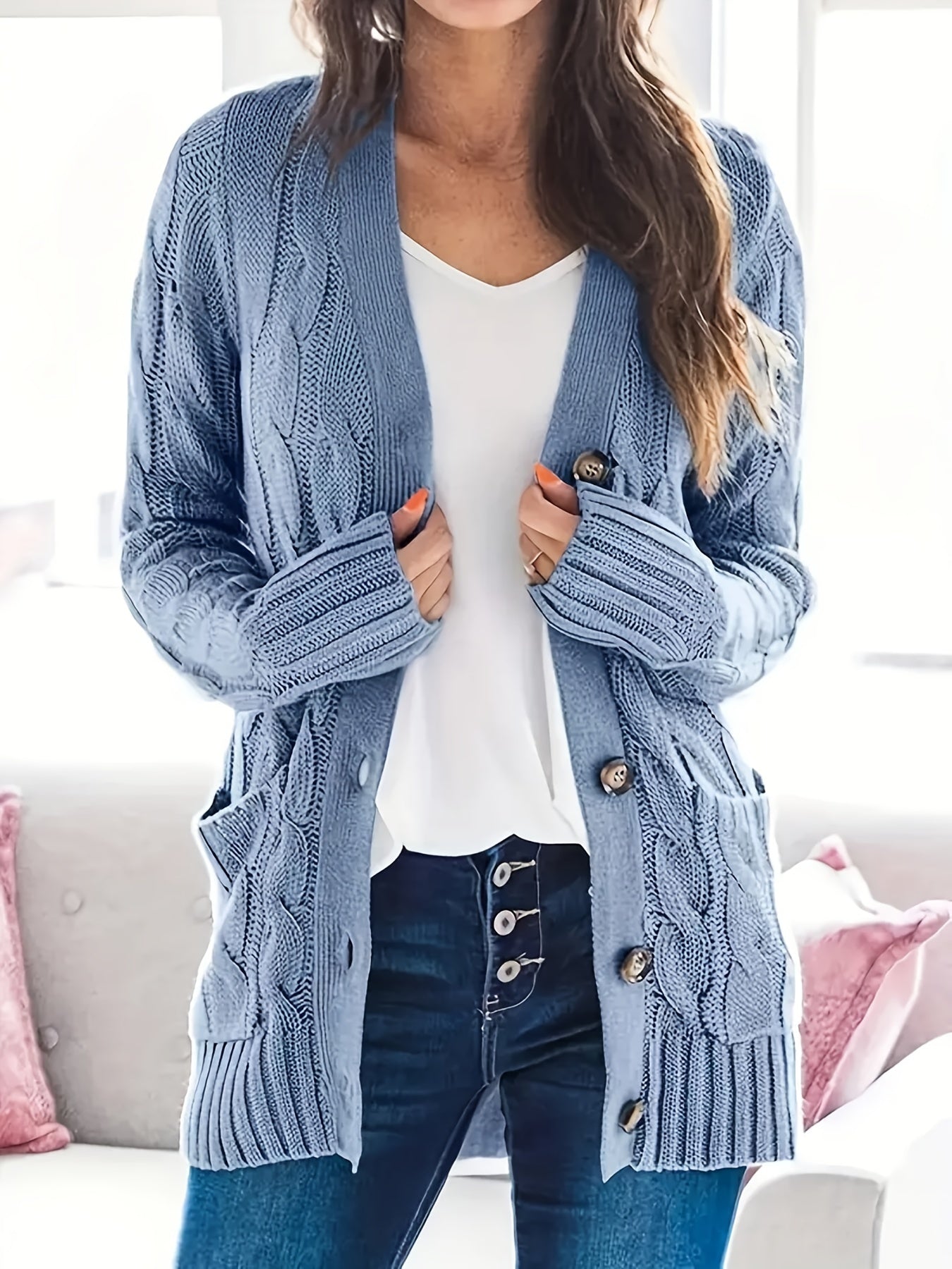 Solid Color Jacquard Button Long Sleeve Cardigan