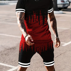 Men's 2Pcs Outfits 3D Print Short Sleeve T-shirt & Drawstring Shorts Set