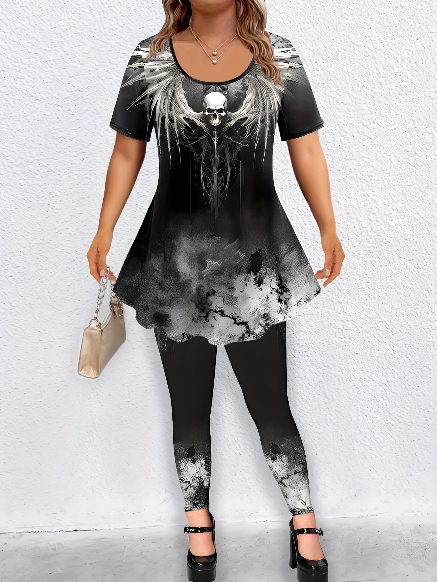 Women's Plus Size Skull Print Tie Dye Tunic Top & Leggings Set