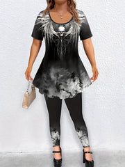 Women's Plus Size Skull Print Tie Dye Tunic Top & Leggings Set