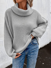 Solid Turtle Neck Pullover Sweater Long Sleeve Drop Shoulder
