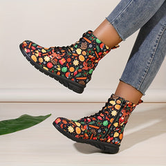 Christmas Print Lace Up Flat Winter Boots