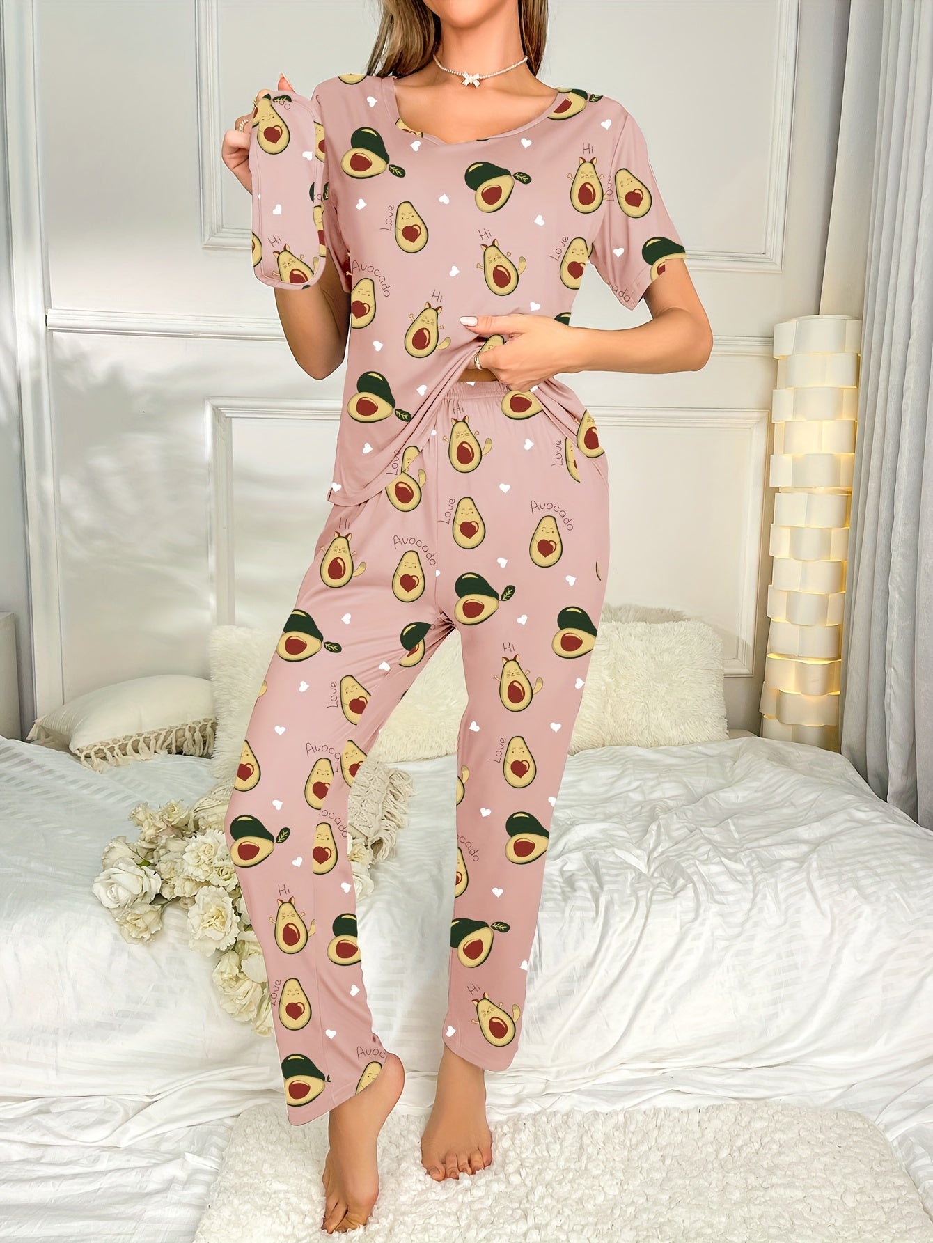 Women's Fruit Print Two piece Pajama Set Short Sleeve Tops & Pants