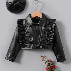 Girls Ruffled Leather Jacket & Hat Set for Autumn/Winter