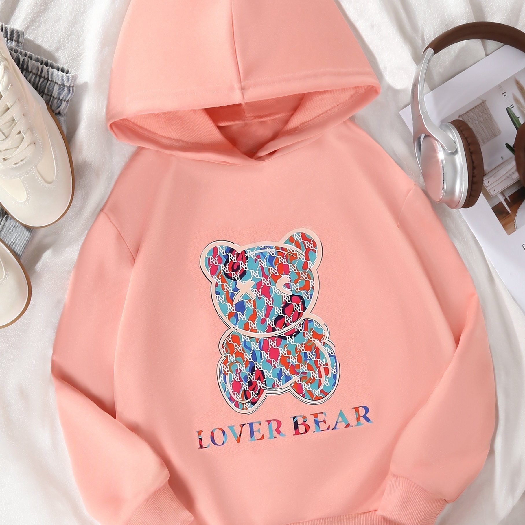 Big Girls' Bear Graphic Active Hoodie Sweatshirt Spring Fall Outerwear