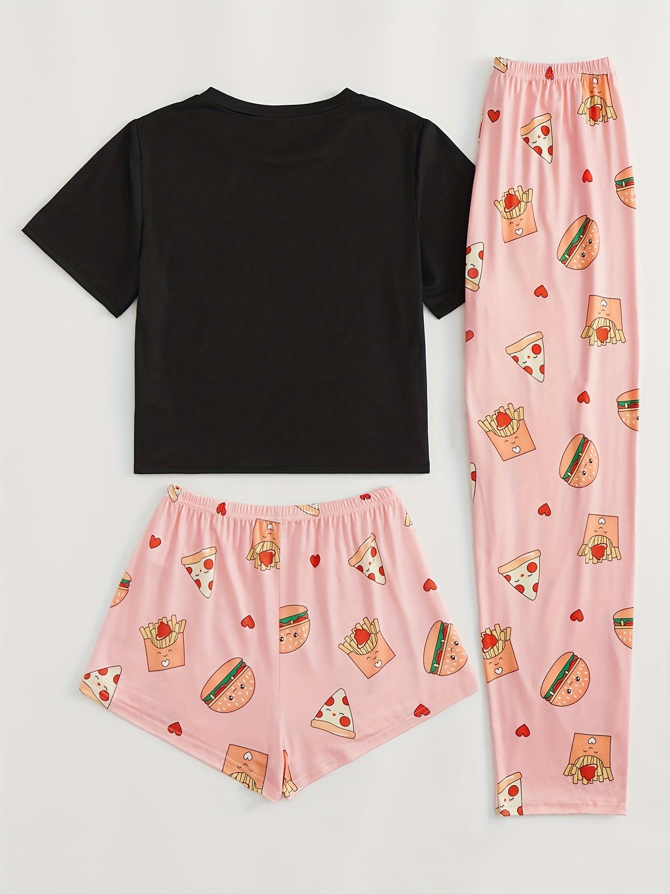 Cartoon Food Print Pajamas Set Top & Shorts & Lounge Pants Women's Sleepwear