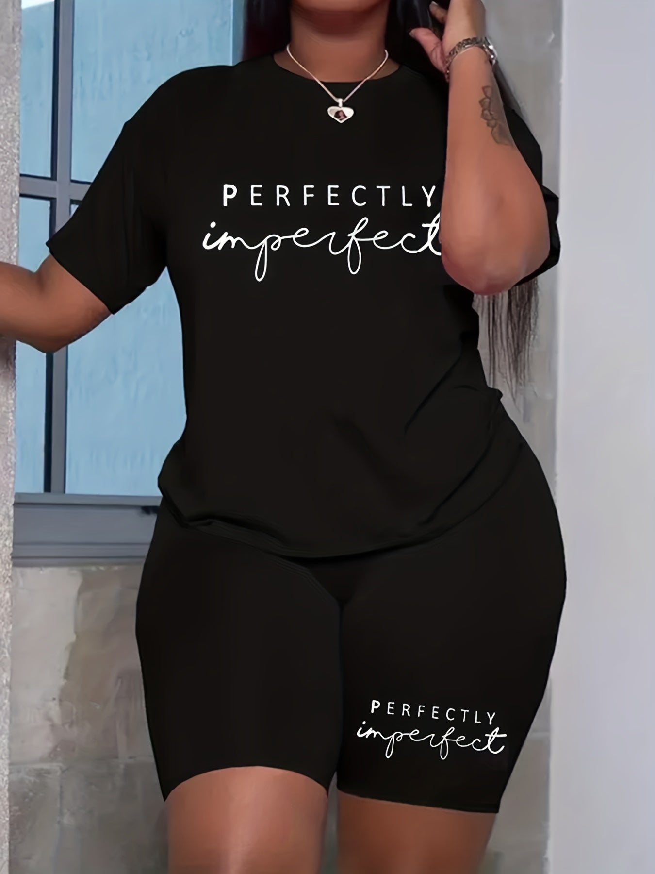 Letter Print Matching Two piece Set Casual Short Sleeve T shirt & Skinny Shorts