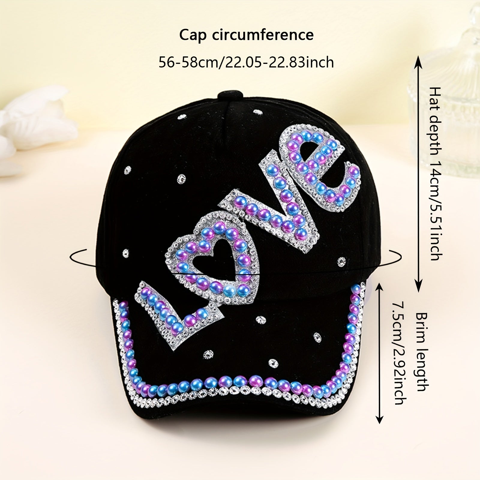 LOVE Patch Baseball Cap Rhinestone Pearl Decor Sun Hat Y2K Dad Hats