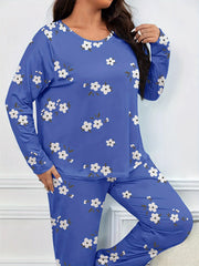 Floral Print Plus Size Pajamas Set Long Sleeve Tee & Pants Lounge 2 Piece