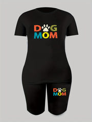 2pcs Dog Mom Letter Print Casual Sports Suits Loose Short Sleeve T shirts & Shor