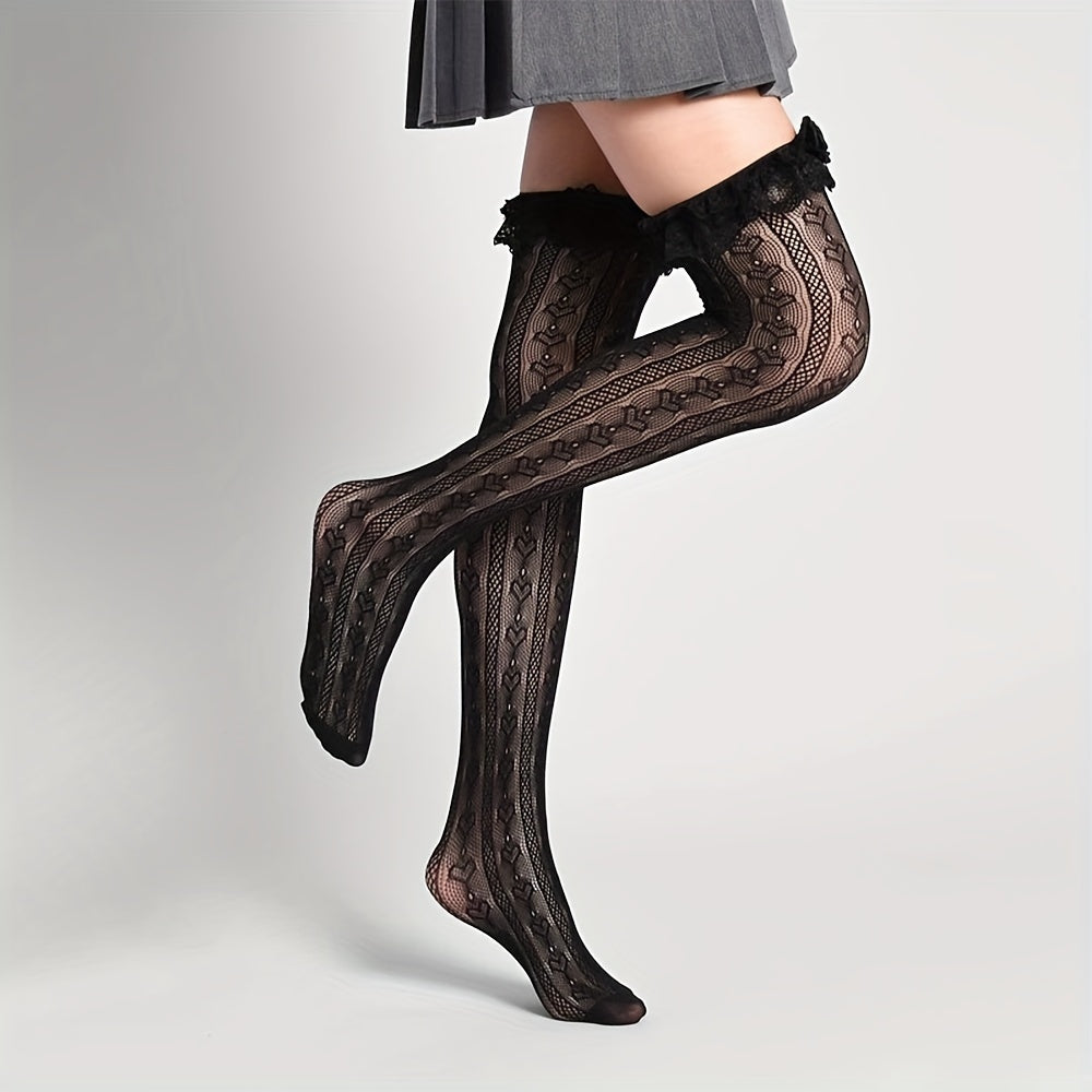 Heart Pattern Thigh High Socks Lace Trim Over The Knee Socks