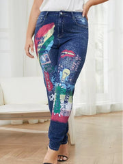 Graphic Print Button Fly Stretch Jeans