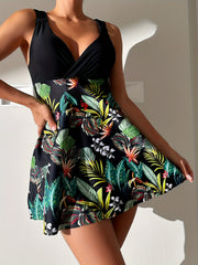Tropical Print Tankini Set V Neck Boxer Shorts Swimsuit