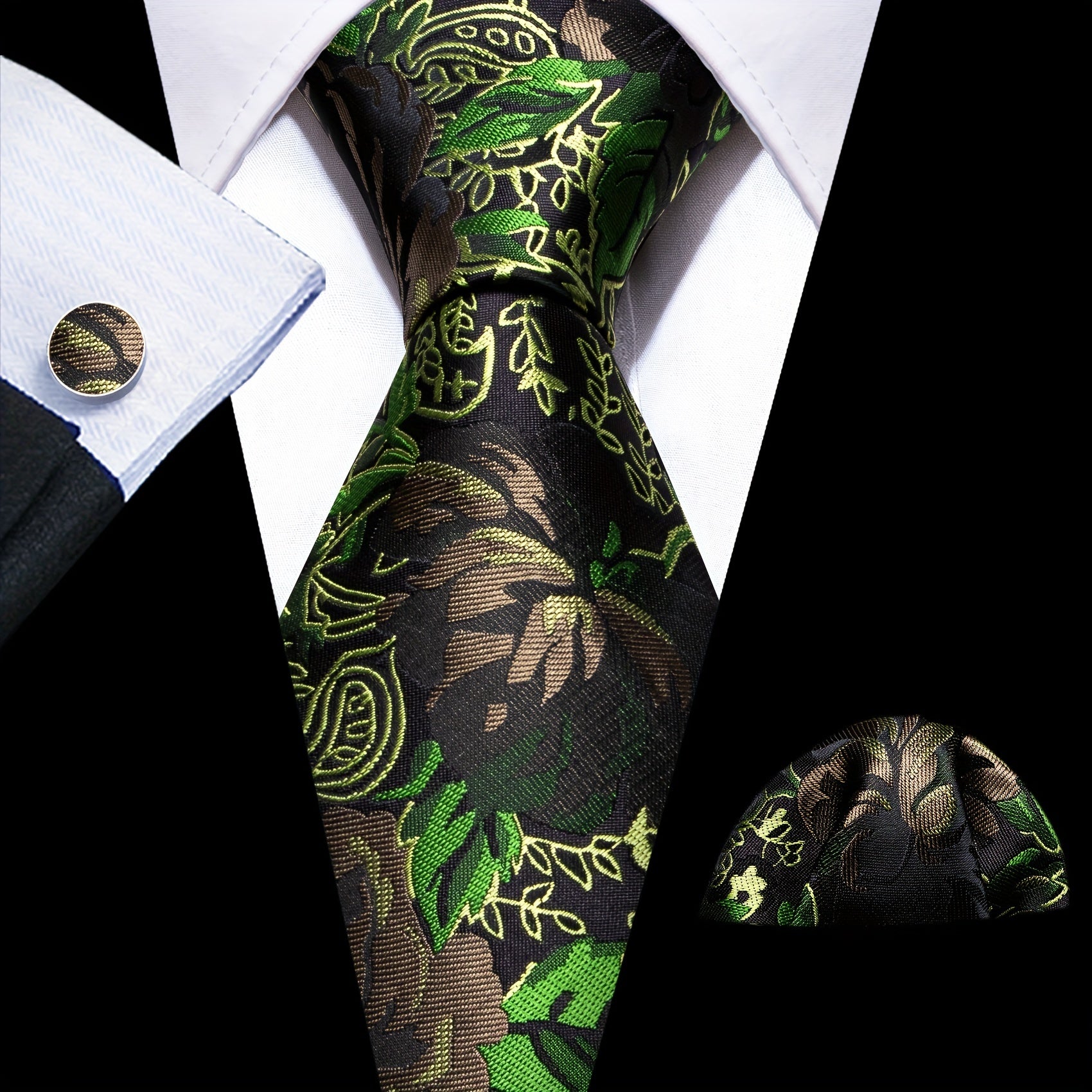 Barry Wang Classic Striped Tie For Men Silk Necktie Pocket Square Cufflinks Set