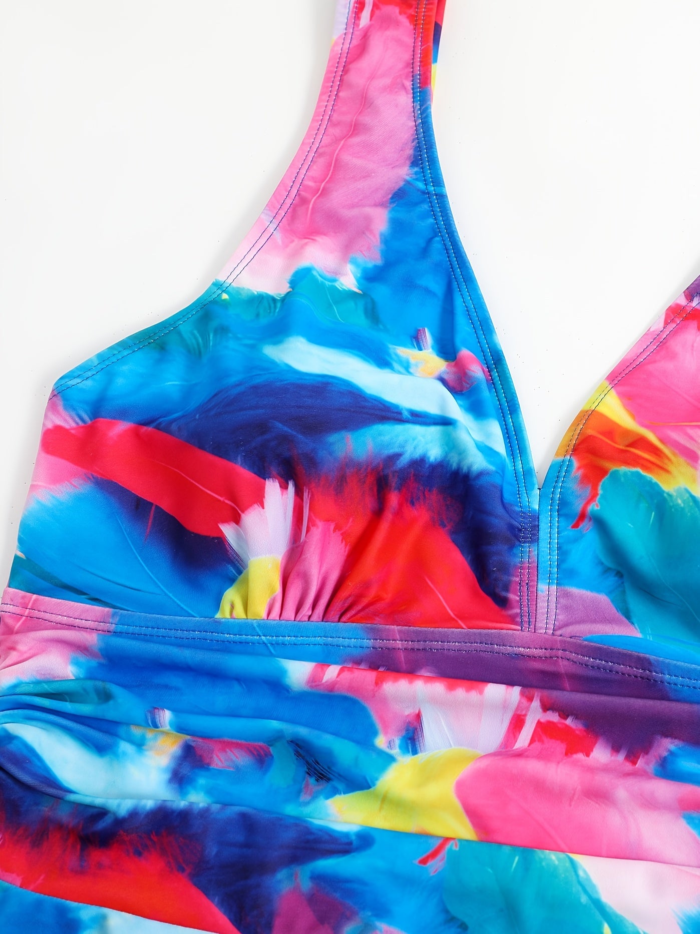 Feather Print Tank Dress & Panty Swimsuit Set 2pcs