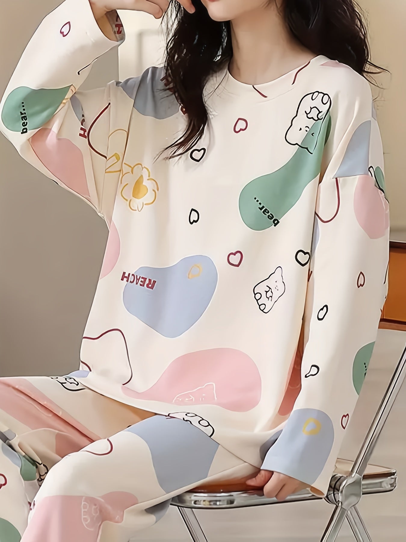 Cartoon Print Pajama Set Long Sleeve Top & Elastic Waistband Pants