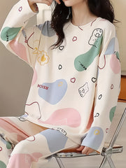 Cartoon Print Pajama Set Long Sleeve Top & Elastic Waistband Pants
