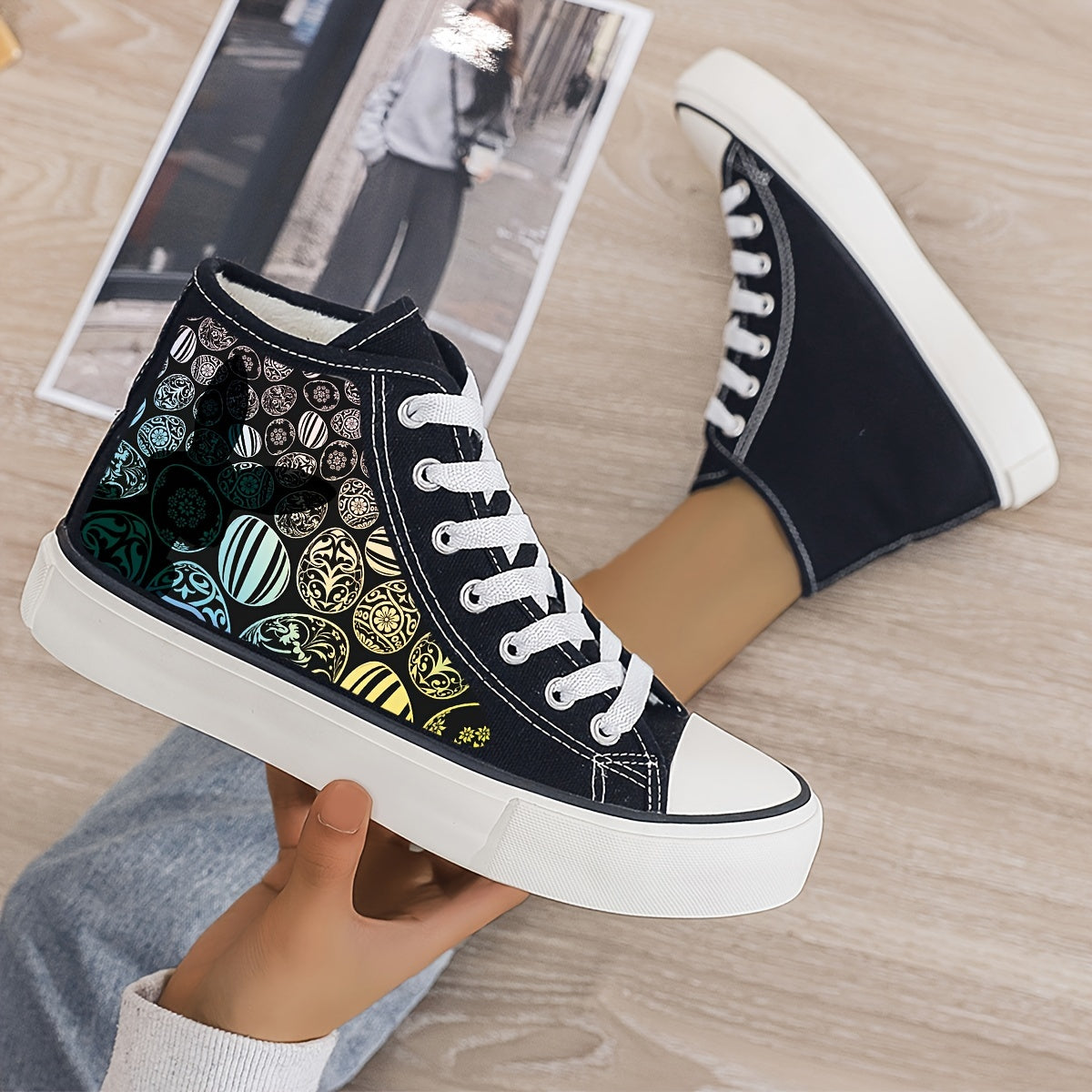 Easter Egg Pattern High Top Skate Shoes with Warm Lining