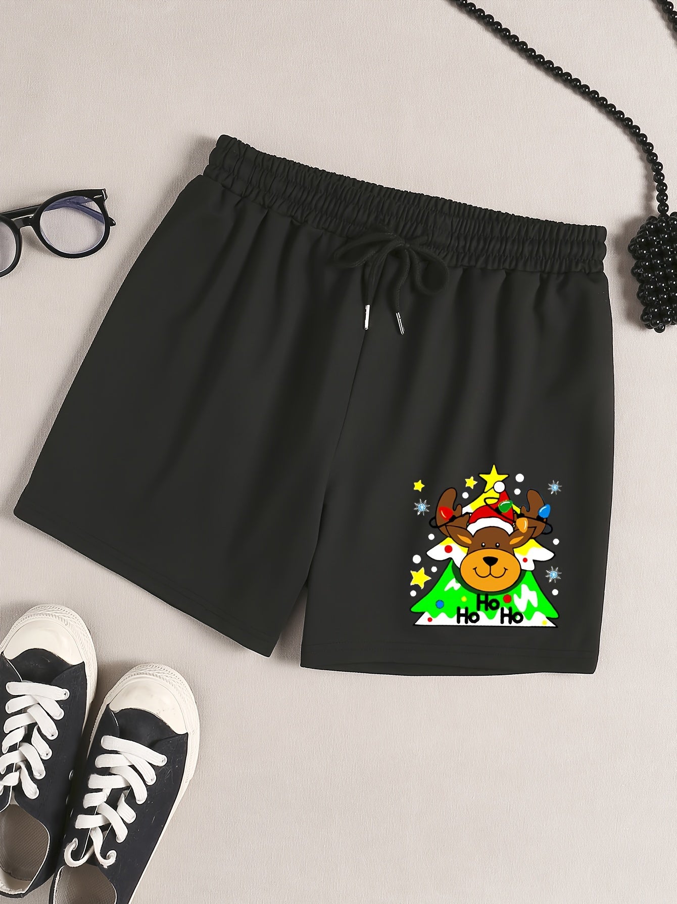 Reindeer & Snowflake Print Drawstring Shorts